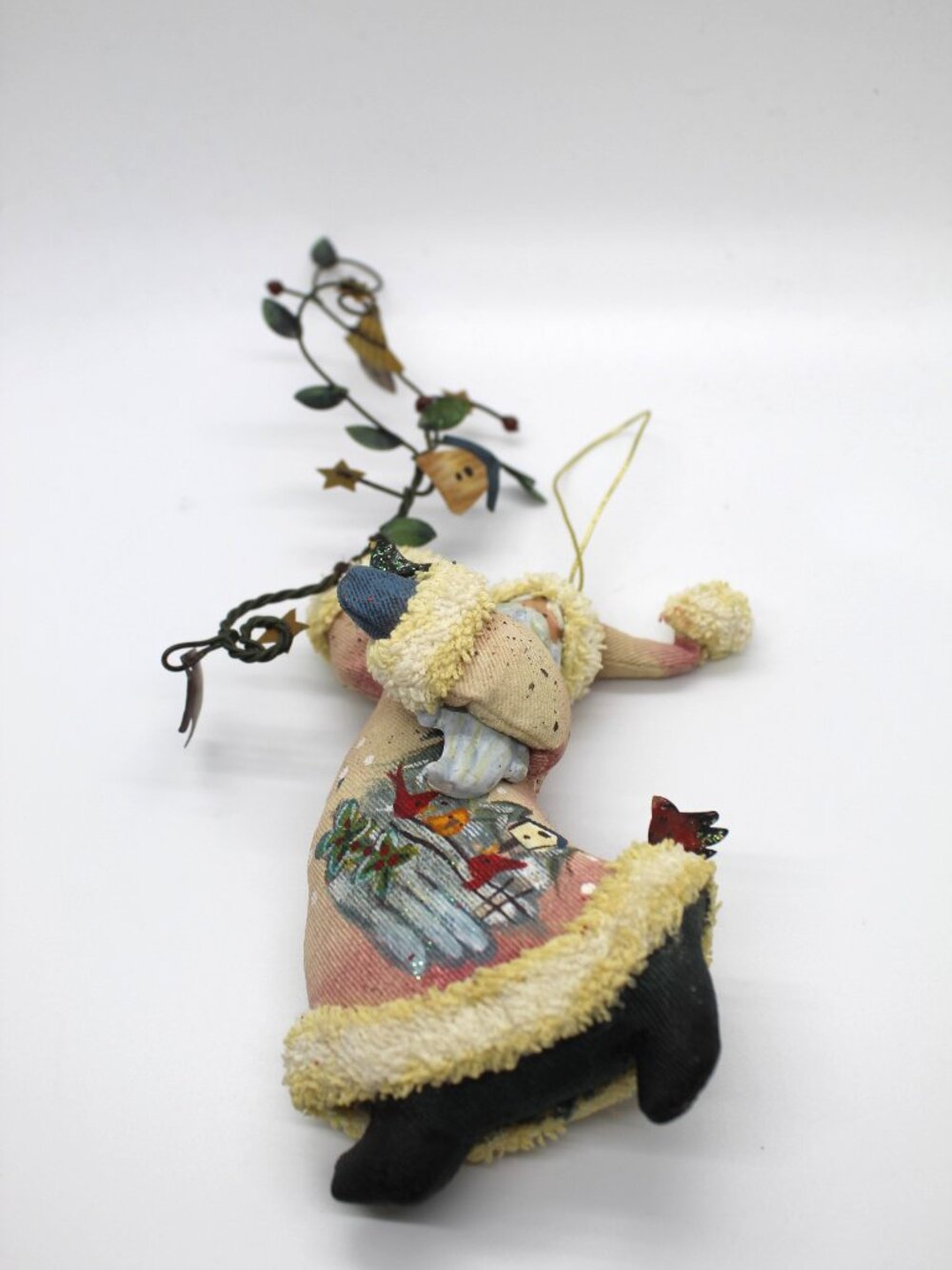 Santa Christmas Ornament Birdhouse Art Fabric Coat Metal Vine Stars Dance Vtg